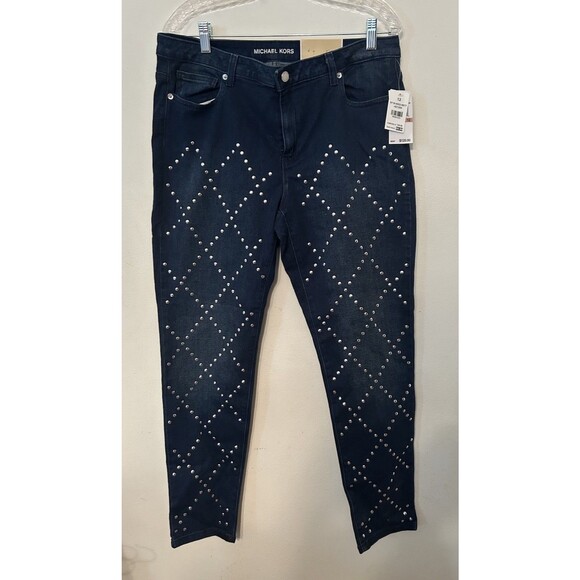 Michael Kors Izzy Skinny Jeans W 12 Dark Wash Studded legs Mid Rise Stretch NWT - Picture 1 of 9